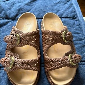 Sam Edelman Brown Braided Slide Sandals with Gold Buckles